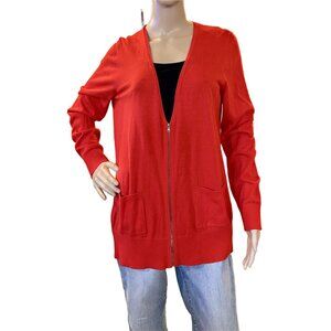 Ann Taylor LOFT Deep V-Neck Zip-Up Cardigan Sweater W/Pockets Candy Apple Red XL